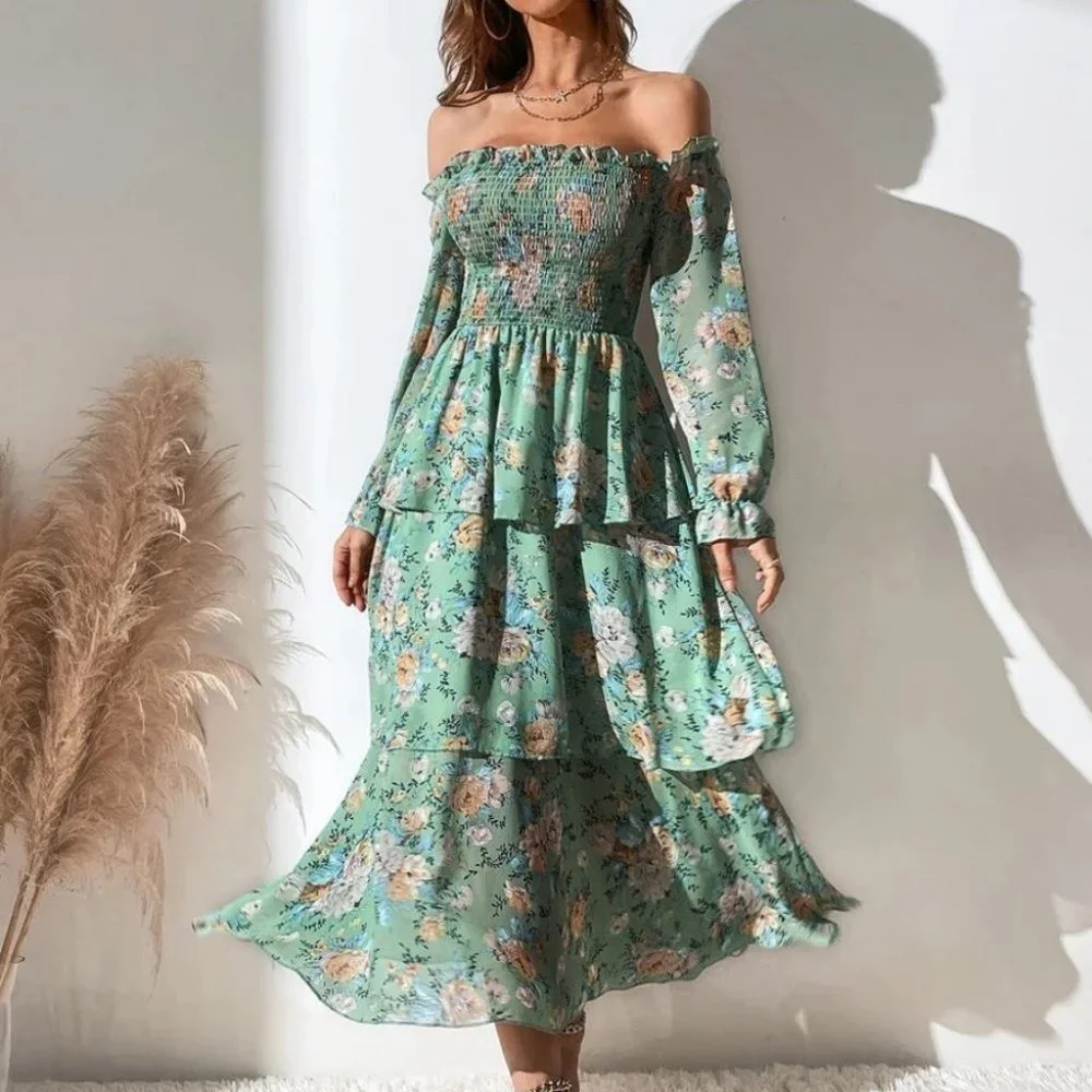 green Off The Shoulder Shirred Layered Hem Floral Printed Dress - Picture 1 of 8